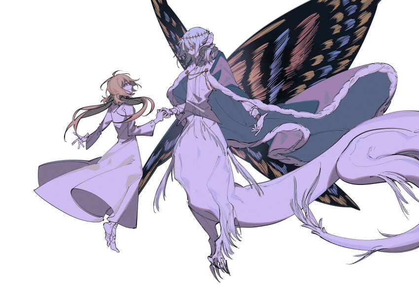 1boy, 1girl, acell1224, artoria_caster_(fate), artoria_pendragon_(fate), bandaged_foot, bandages, blonde_hair, butterfly_wings, cloak, closed_mouth, dragon, dragon_boy, dragon_horns, dress, eastern_dragon, eye_contact, fate/grand_order, fate_(series), from_side, fur-trimmed_cloak, fur_trim, grey_hair, happy, head_wreath, highres, holding_hands, horns, insect_wings, long_hair, long_sleeves, looking_at_another, monster_boy, monsterification, no_shoes, oberon_(fate), oberon_(first_ascension)_(fate), open_mouth, outstretched_arm, profile, royal_robe, shirt, short_hair, simple_background, smile, solo, taur, very_long_hair, white_background, white_dress, white_shirt, wings