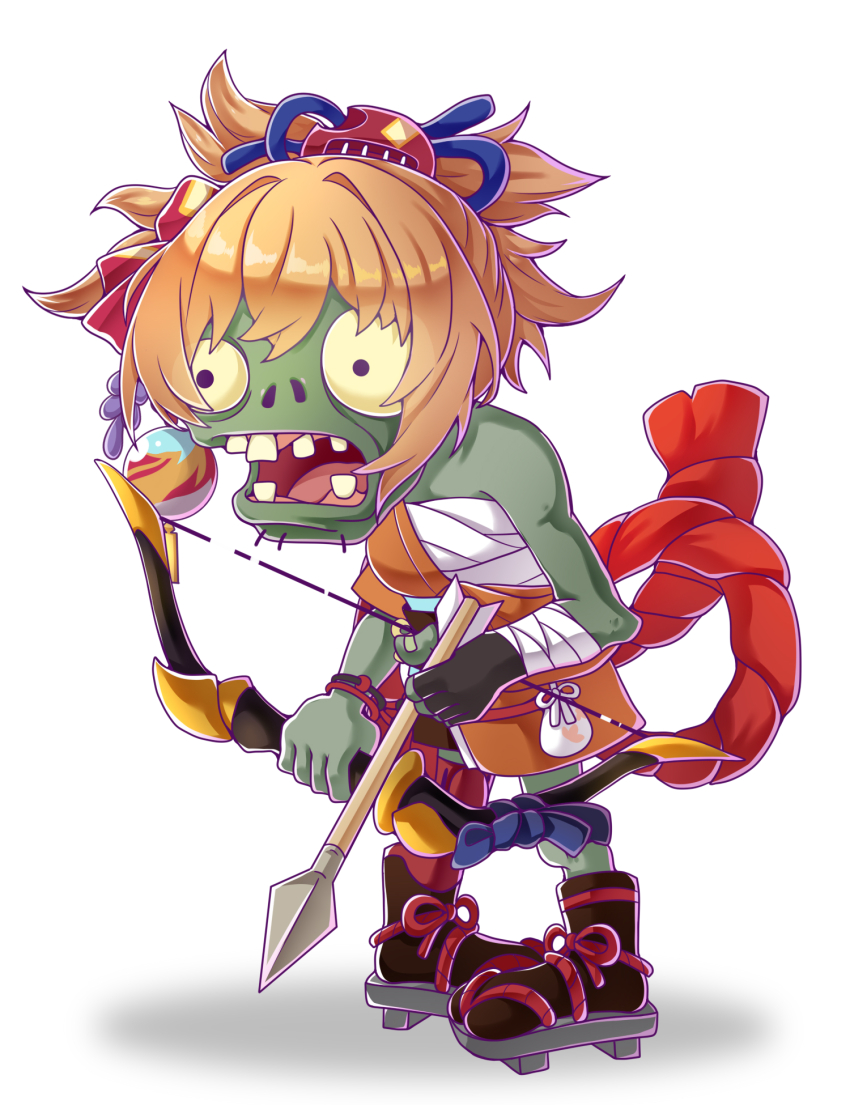 1girl, arrow_(projectile), bandages, black_socks, blonde_hair, bow_(weapon), chest_sarashi, commentary_request, full_body, genshin_impact, geta, hamayumi_(genshin_impact), highres, holding, holding_bow_(weapon), holding_weapon, japanese_clothes, kimono, open_mouth, orange_kimono, pan_shushu_zai_hua_hua, parody, plants_vs._zombies, ponytail, sarashi, shadow, short_hair, short_kimono, simple_background, single_bare_shoulder, socks, solo, standing, style_parody, weapon, white_background, wrist_wrap, yoimiya_(genshin_impact), zombie