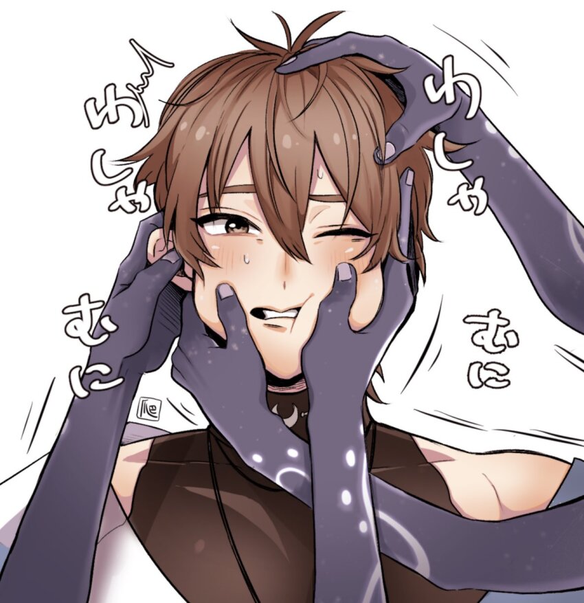 1boy, bishounen, brown_eyes, brown_hair, eiden_(astral_duo)_(nu_carnival), eiden_(nu_carnival), headpat, highres