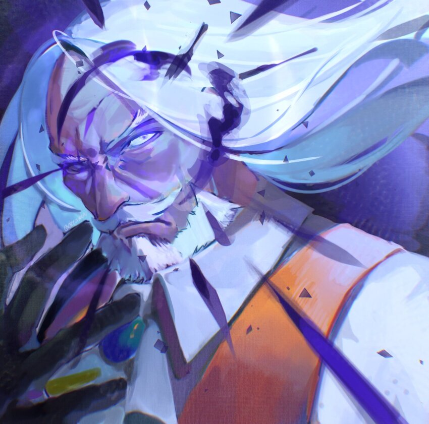 1boy, beard, black_gloves, cry_sinkai, dress_shirt, facial_hair, gloves, glowing