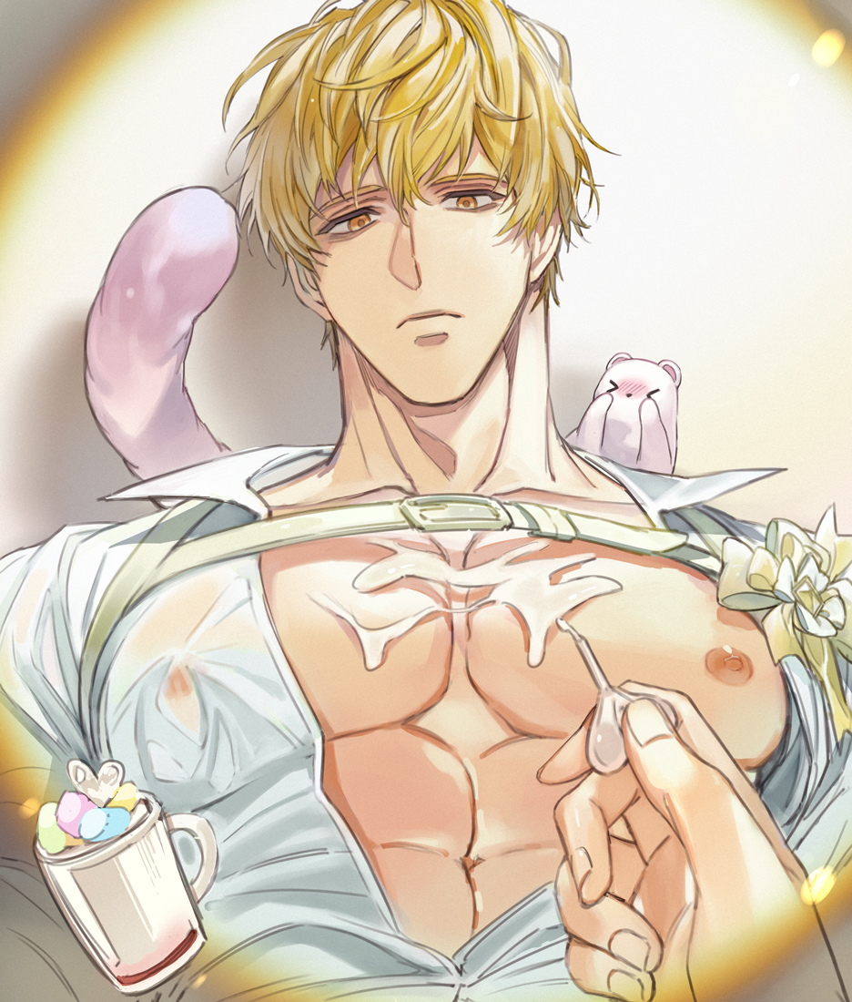 1boy, abs, bags_under_eyes, blonde_hair, covered_erect_nipples, d_n_bb1083, ermine, ferret