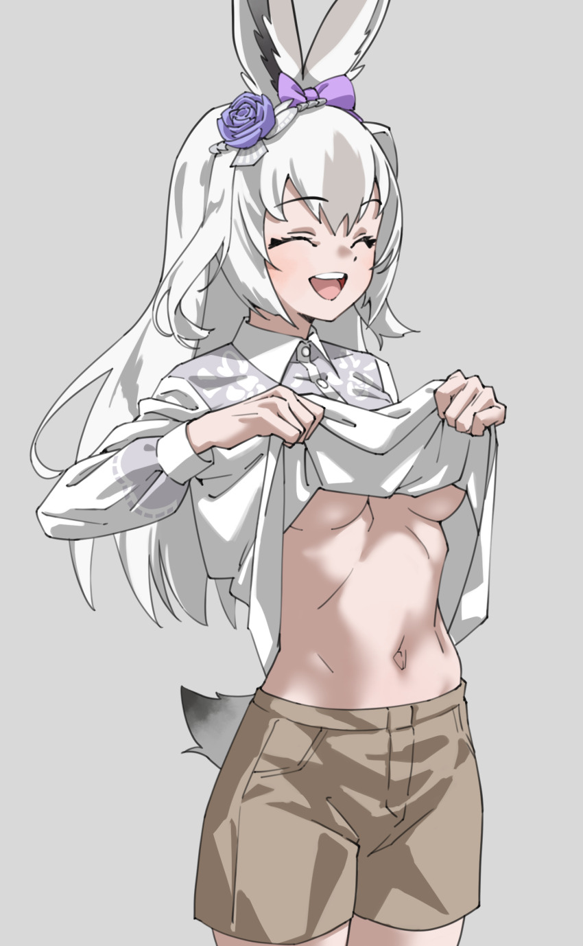 1girl, :d, ^_^, absurdres, animal_ears, breasts, brown_shorts, closed_eyes