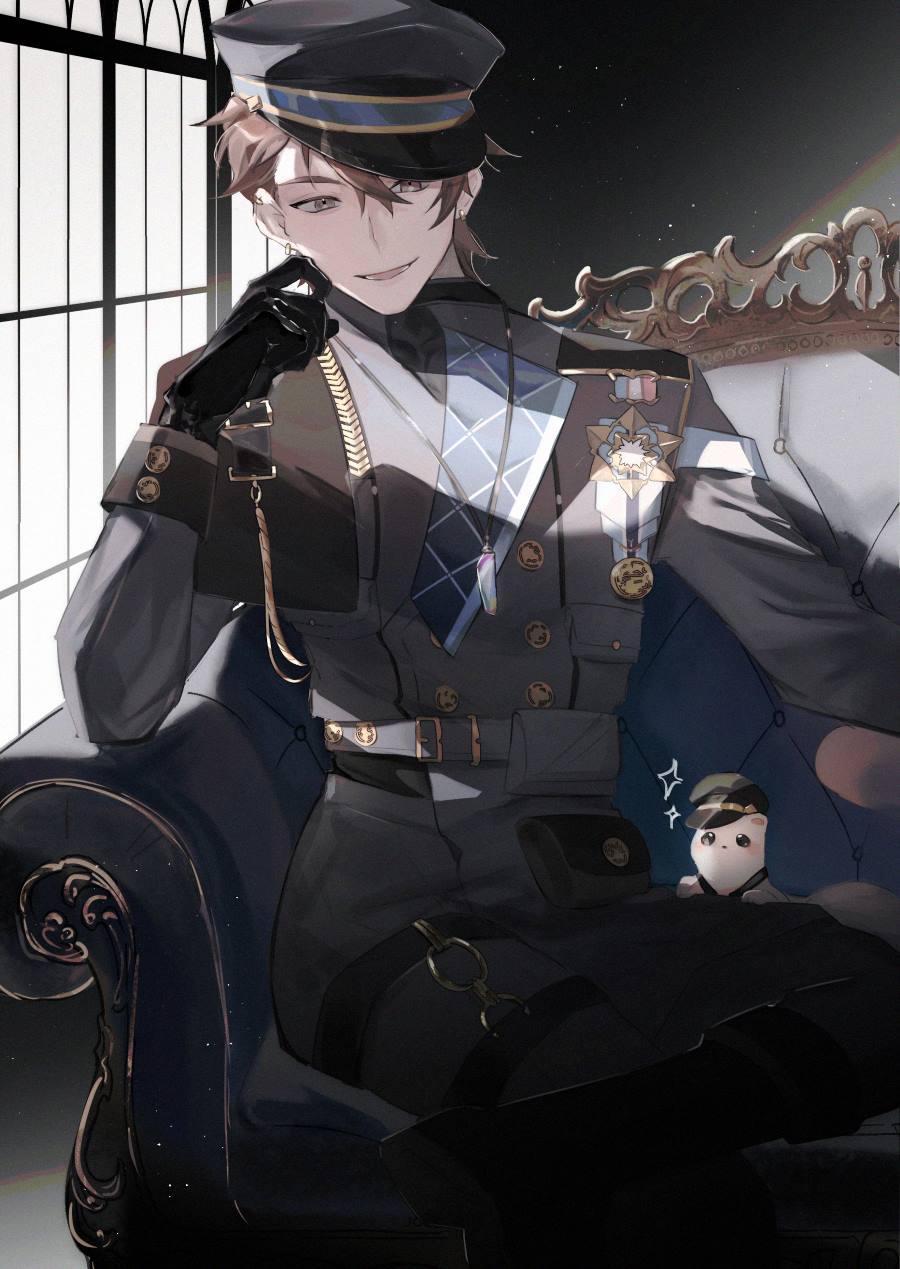 1boy, bishounen, black_gloves, black_headwear, eiden_(armyxbloodxoath)_(nu_carnival), eiden_(nu_carnival), ermine, gloves, hat, highres, jewelry, long_sleeves, male_focus, military, military_hat, military_uniform, mmm_yu72, necklace, nu_carnival, peaked_cap, short_hair, sitting, topper_(nu_carnival), weasel