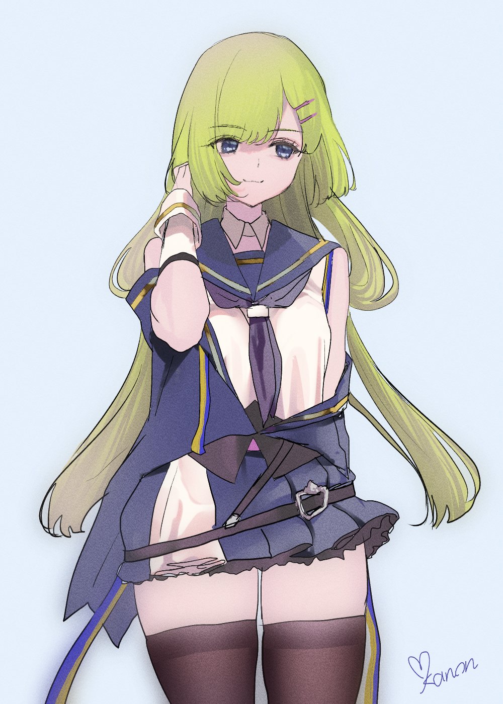 1girl, :3, arm_at_side, artist_name, assault_lily, belt, black_belt, black_shirt