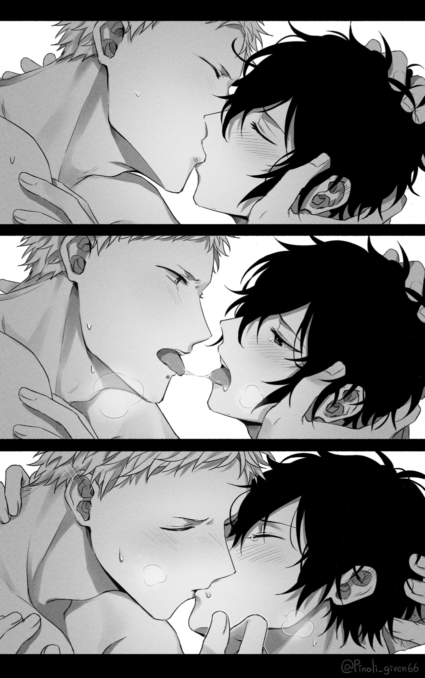 2boys, 3koma, absurdres, bara, black_hair, blush, closed_eyes, comic