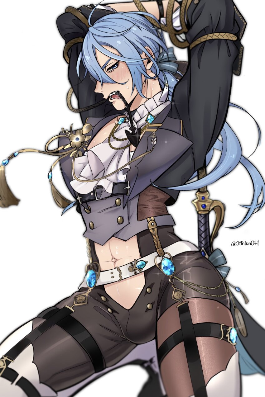 1boy, abs, ascot, bishounen, blue_eyes, blue_gem, blue_hair, bound, bound_arms, bulge, edmond_(elite_instructor)_(nu_carnival), edmond_(nu_carnival), gem, girly_boy, highres, knight, light_blue_hair, long_hair, long_sleeves, looking_at_viewer, low_ponytail, male_focus, navel, nu_carnival, otinton014, ponytail, rope, sword, tassel, weapon, white_ascot