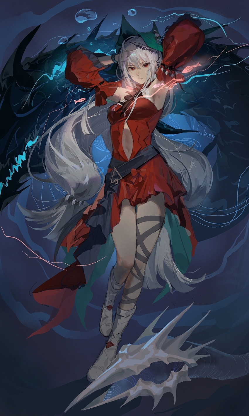 1girl, absurdres, aqua_headwear, arknights, armpits, arms_up, ascot, black_ascot