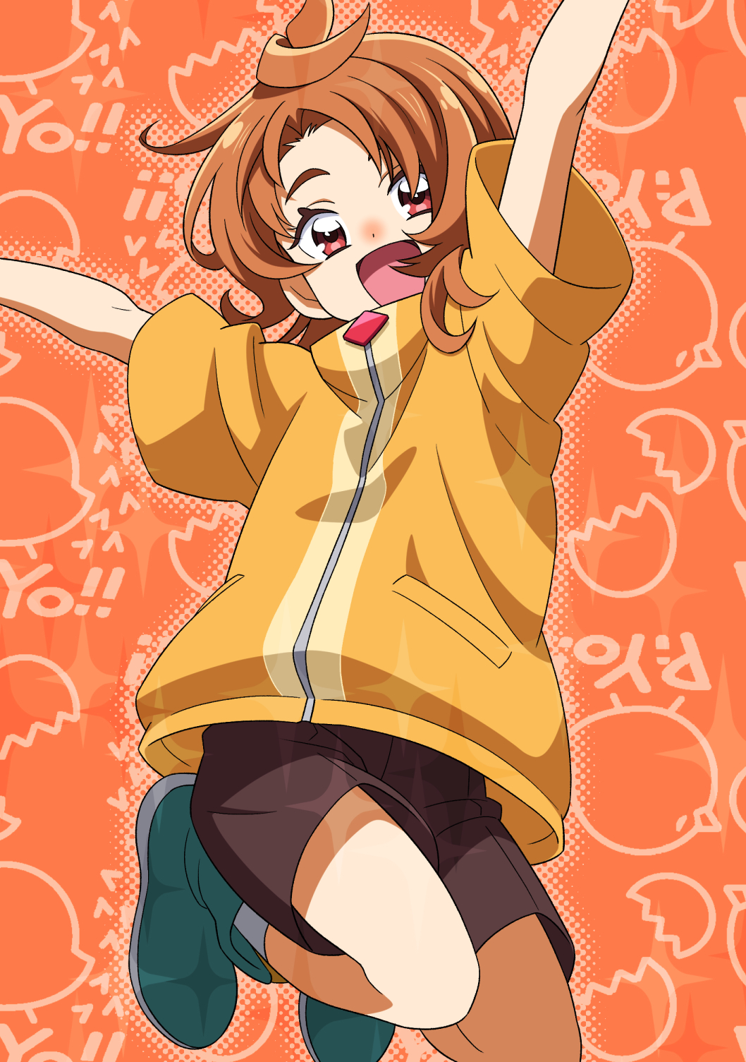 1boy, blush, brown_shorts, dokushibuki, highres, hirogaru_sky!_precure, hood, hoodie