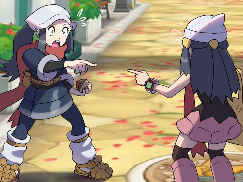 2girls, akari_(pokemon), bag, beanie, black_hair, dawn_(pokemon), flying_sweatdrops, galaxy_expedition_team_survey_corps_uniform