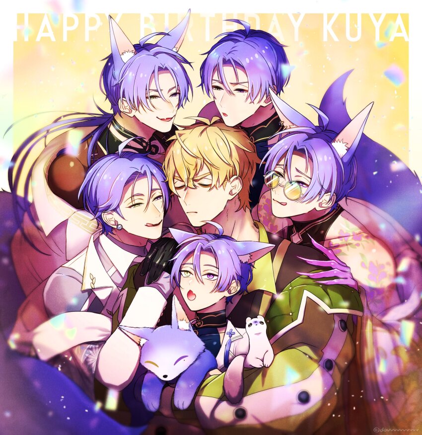 6+boys, absurdres, animal_ears, bags_under_eyes, bishounen, black_gloves, blonde_hair, blush