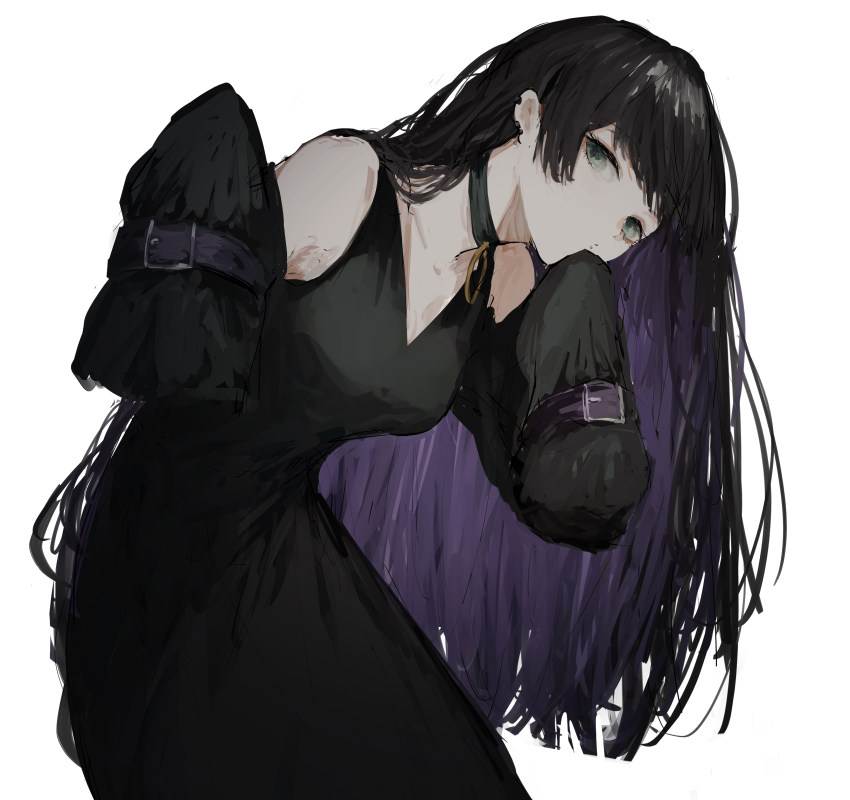 1girl, absurdres, aegyo_sal, bare_shoulders, black_choker, black_dress, black_hair, bocchi_the_rock!, buckle, chin_piercing, choker, collarbone, cowboy_shot, dress, earclip, face_piercing, grey_eyes, highres, labret_piercing, leaning_forward, long_hair, looking_at_viewer, pa-san, piercing, pikuson, sidelocks, simple_background, very_long_hair, very_long_sleeves, white_background