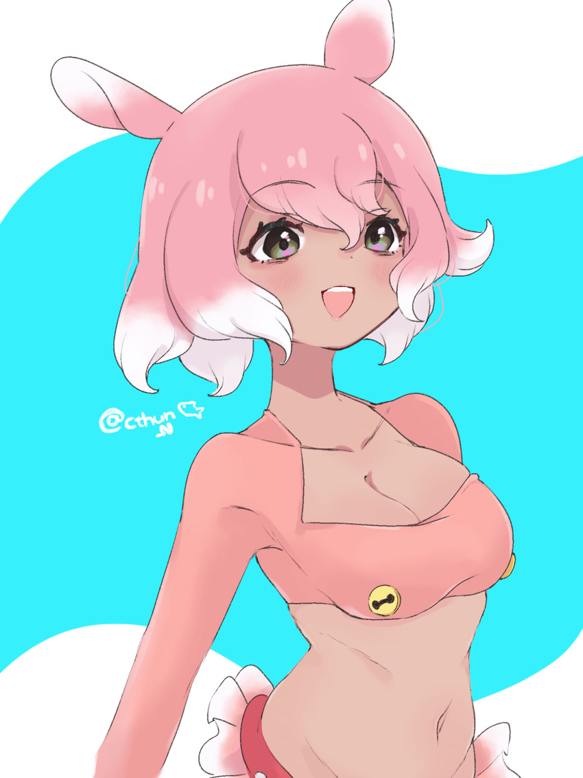 1girl, blush, buttons, cleavage_cutout, clothing_cutout, cowboy_shot, crop_top, cthun_n