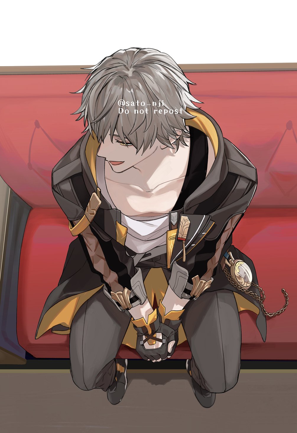 1boy, astral_express_(honkai:_star_rail), black_gloves, black_jacket, black_pants, caelus_(honkai:_star_rail), fingerless_gloves, gloves, grey_hair, highres, honkai:_star_rail, honkai_(series), jacket, long_jacket, long_sleeves, male_focus, pants, pocket_watch, sato_nji, short_hair, sitting, smile, trailblazer_(honkai:_star_rail), watch, yellow_eyes