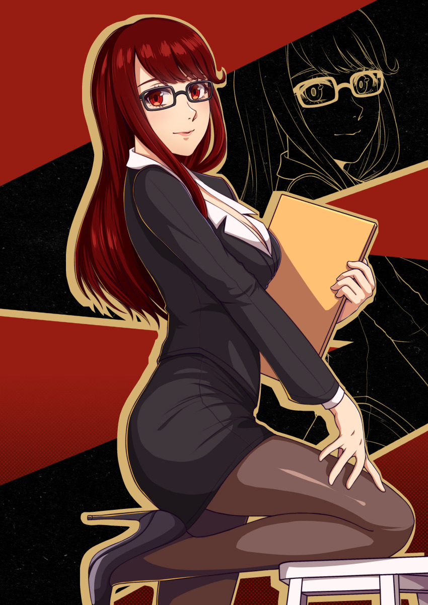 1girl, absurdres, black_jacket, black_shoes, black_skirt, blueriest, breasts, chair, cleavage, closed_mouth, collared_shirt, folder, glasses, hand_on_own_thigh, high_heels, highres, holding, holding_folder, jacket, knee_up, large_breasts, leg_up, long_hair, looking_at_viewer, medium_breasts, office_lady, pantyhose, pencil_skirt, persona, persona_5, pumps, red_eyes, red_hair, shirt, shoes, skirt, smile, solo, stiletto_heels, thighs, three-toned_background, yoshizawa_kasumi