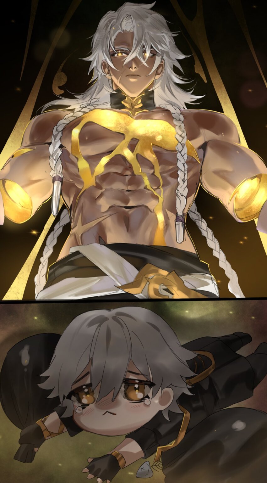 2boys, abs, apu_spills_his_tendies_(meme), bag, bagged_fish, bare_pectorals, black_choker, black_gloves