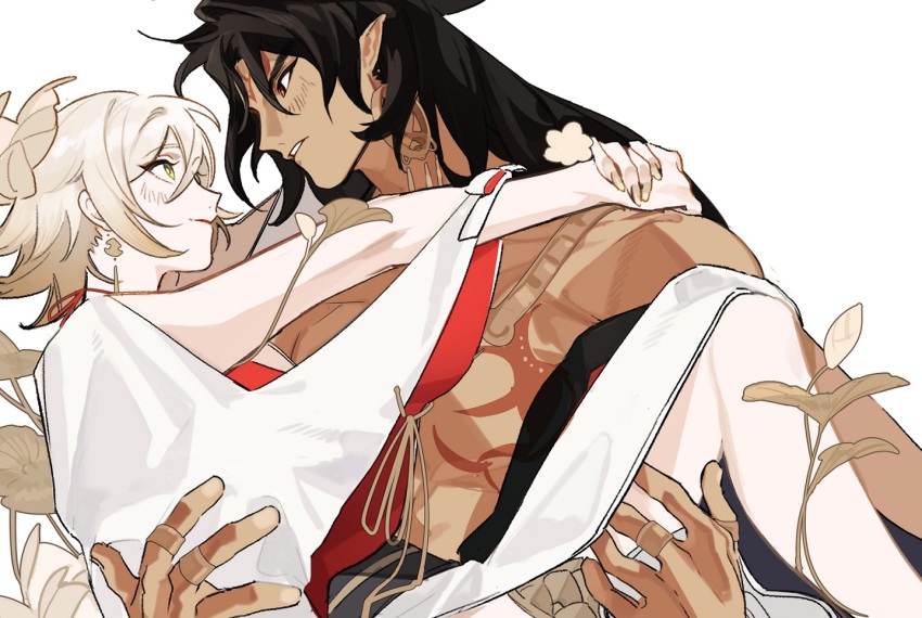 2boys, asura_(onmyoji), bishounen, black_hair, blonde_hair, carrying, dark-skinned_male, dark_skin
