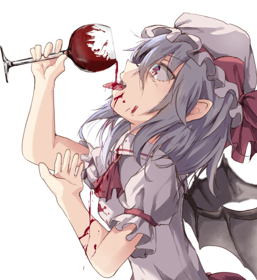 1girl, ascot, bat_wings, blood, commentary_request, cup, drinking, drinking_glass