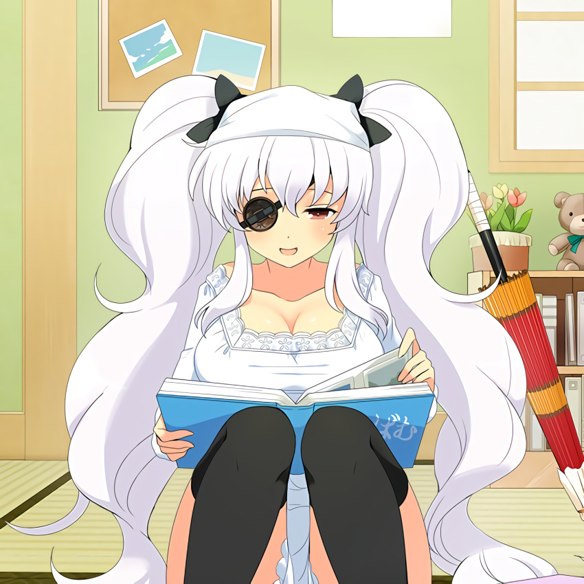 1girl, black_bow, black_thighhighs, blush, book, bookshelf, bow, breasts