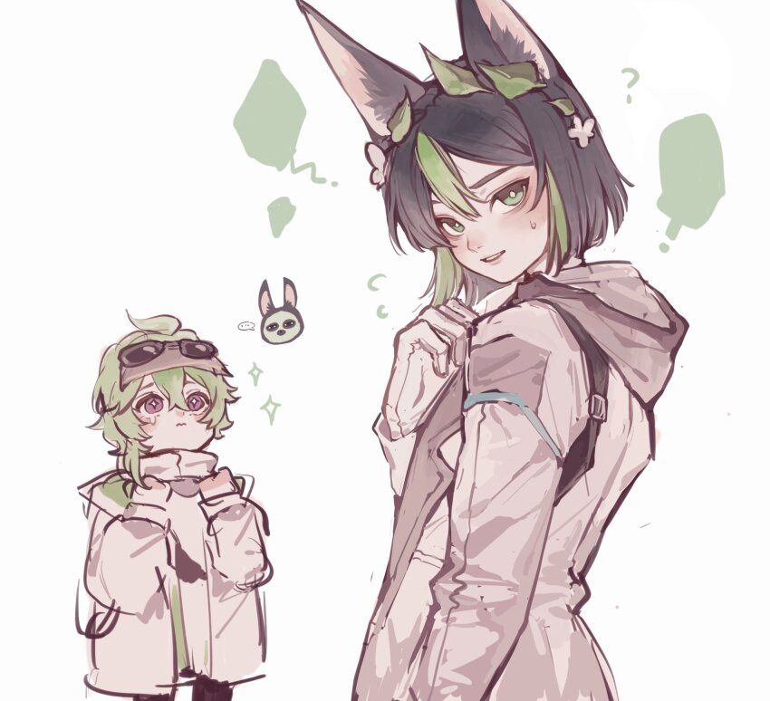 1boy, 1girl, animal_ear_fluff, animal_ears, black_hair, blunt_ends, bob_cut, collei_(genshin_impact), collei_(kiehls')_(genshin_impact), doupu41, eyewear_on_head, fox_boy, fox_ears, genshin_impact, gloves, green_eyes, green_hair, grey_jacket, hair_ornament, highres, jacket, kiehl's, leaf_hair_ornament, light_green_hair, long_sleeves, looking_at_viewer, multicolored_hair, official_alternate_costume, scientist, short_hair, streaked_hair, tighnari_(genshin_impact), tighnari_(kiehls')_(genshin_impact), white_gloves