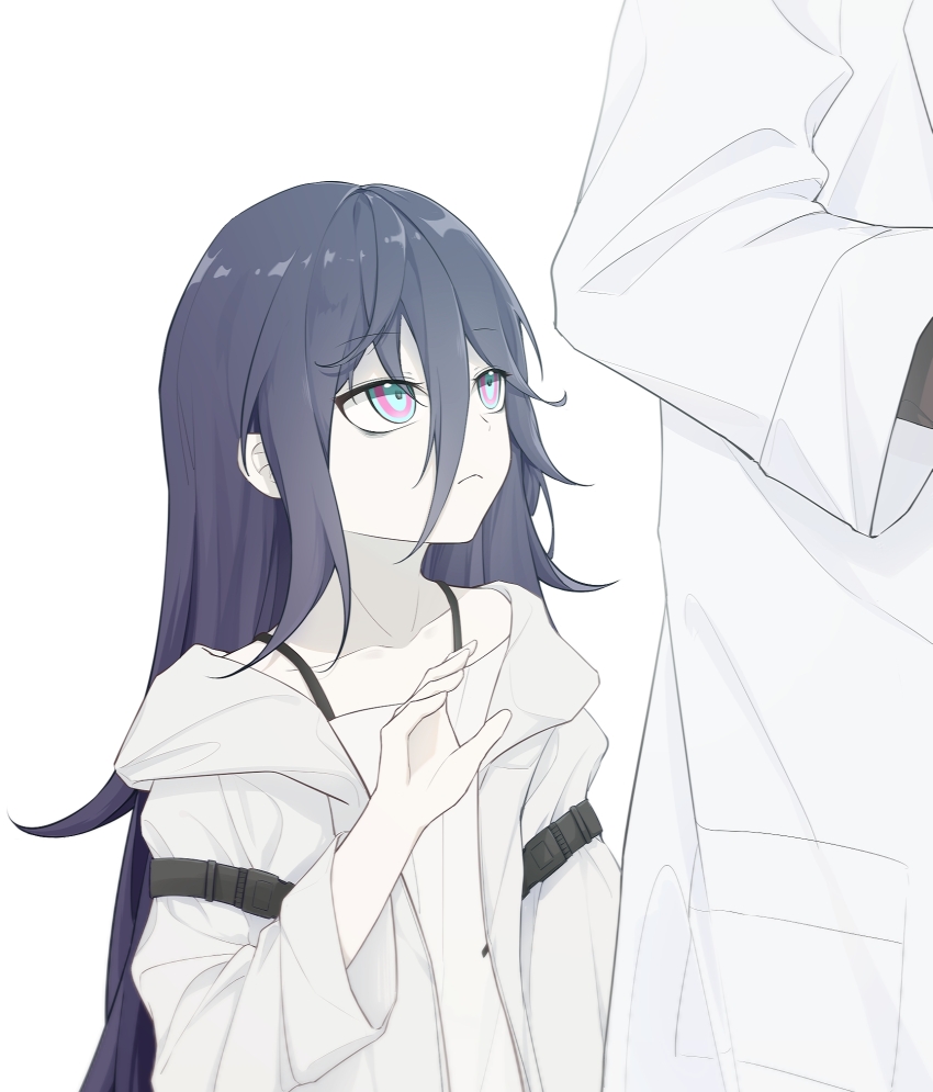 1girl, bags_under_eyes, black_hair, blue_eyes, grey_jacket, hair_between_eyes, highres, jacket