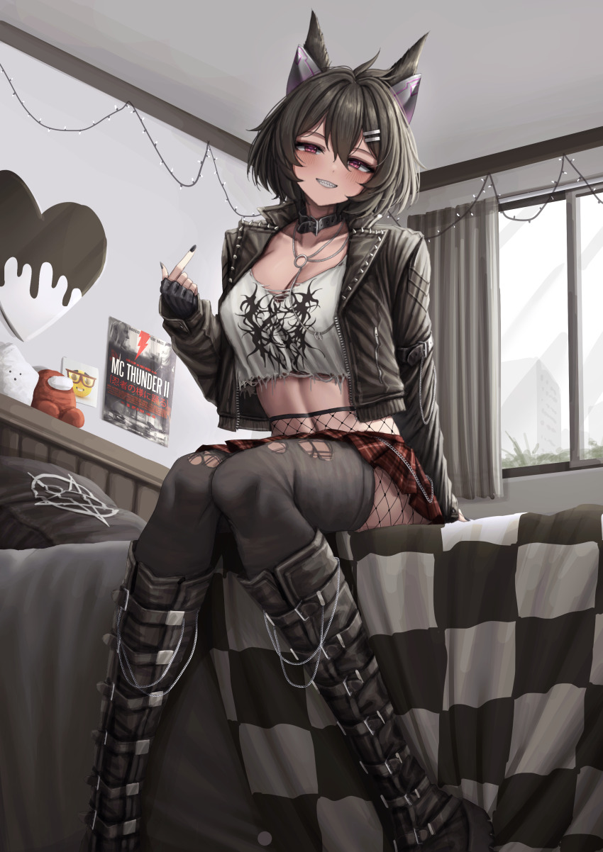 1girl, absurdres, among_us, animal_ears, bed, bedroom, black_boots, black_gloves