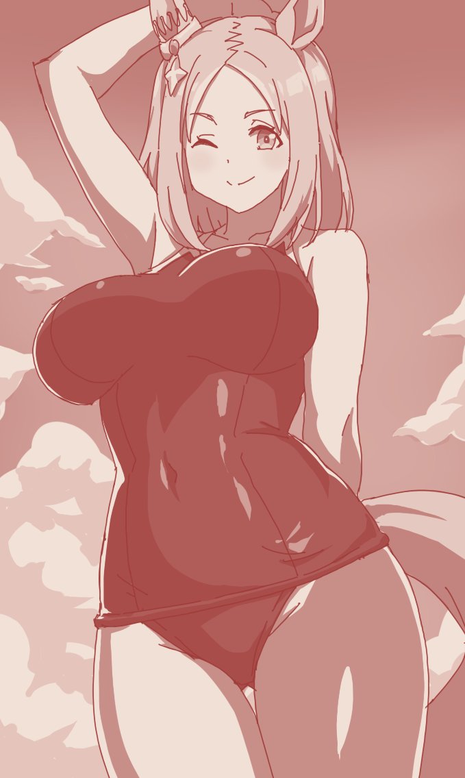 1girl, ;), animal_ears, breasts, cloud, collarbone, large_breasts, medium_hair