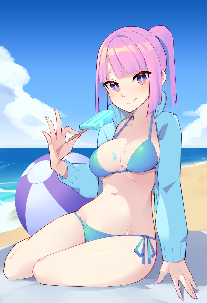 :q, absurdres, beach, bikini, blue_bikini, blue_jacket, blue_sky, blunt_bangs