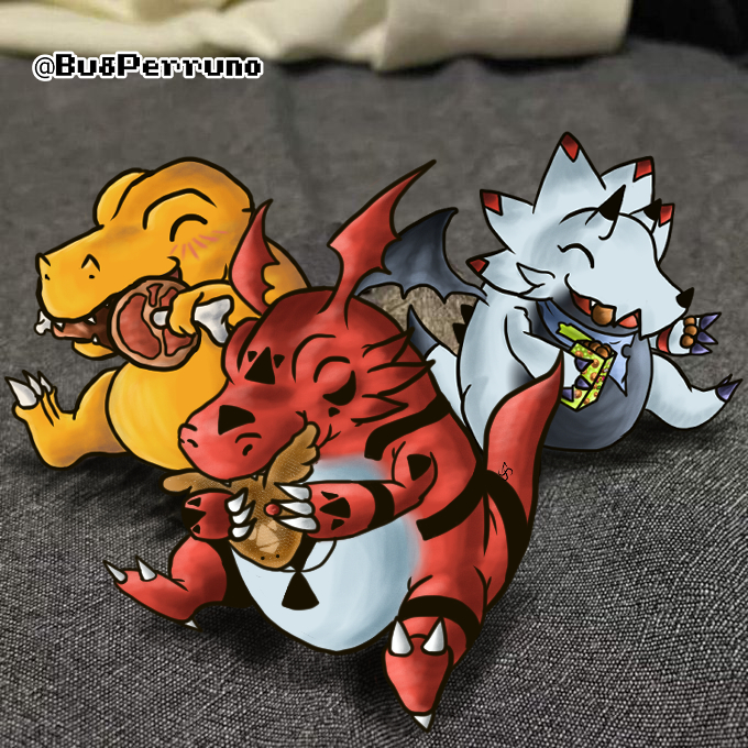 3others, agumon, digimon, digimon_(creature), digital_hazard, dinosaur, eating, gammamon