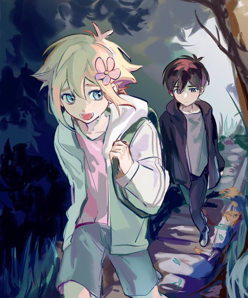 2boys, backpack, bag, basil_(faraway)_(omori), basil_(omori), black_eyes, black_hair, black_hoodie, black_pants, blonde_hair, closed_mouth, flower, forest, green_bag, green_hoodie, grey_eyes, grey_shirt, grey_shorts, hair_flower, hair_ornament, highres, hood, hood_down, hoodie, long_sleeves, male_focus, multiple_boys, nature, omori, pants, patient51311752, pink_flower, pink_shirt, shirt, short_hair, shorts, sunny_(omori), tree, walking