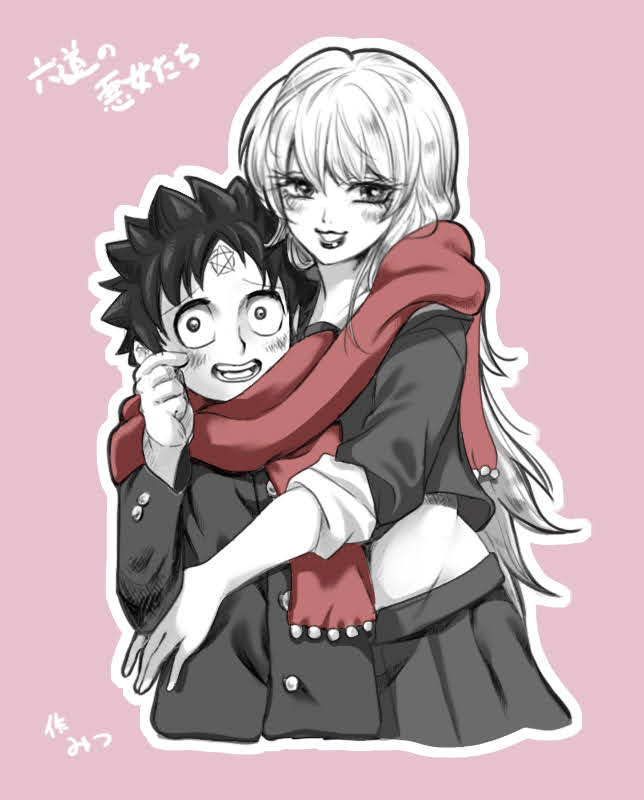 1boy, 1girl, black_hair, black_skirt, blush, forehead_tattoo, gakuran, greyscale_with_colored_background, hetero, himawari_ranna, long_sleeves, midriff, mitsu_(itoshi_chacha), open_mouth, pink_background, red_scarf, rokudou_no_onna-tachi, rokudou_tousuke, scarf, school_uniform, shared_clothes, shared_scarf, skirt, spot_color, tattoo