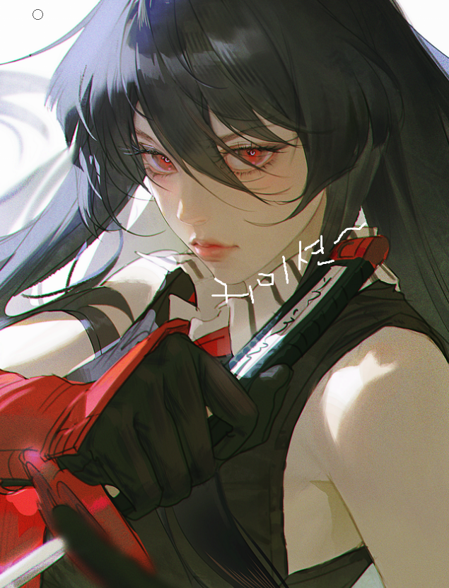 1girl, akame_(akame_ga_kill!), akame_ga_kill!, bare_shoulders, black_gloves, black_hair, blush, breasts