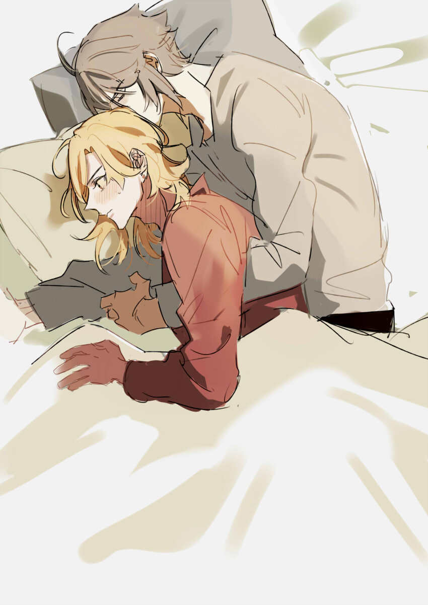 2boys, alhaitham_(genshin_impact), bed_sheet, blonde_hair, blush, closed_eyes, closed_mouth, earrings, facing_another, facing_to_the_side, genshin_impact, grey_hair, highres, hug, hug_from_behind, jewelry, kaveh_(genshin_impact), lying, male_focus, multiple_boys, on_side, paprika_(pprk1122), red_eyes, short_hair, under_covers