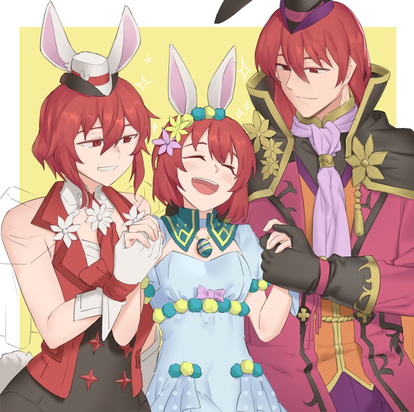 1boy, 2girls, :d, animal_ears, bare_shoulders, black_gloves, brother_and_sister, cloak, dress, ebinku, fake_animal_ears, fire_emblem, fire_emblem:_mystery_of_the_emblem, fire_emblem_heroes, gloves, grin, hat, highres, leotard, long_sleeves, looking_at_another, maria_(fire_emblem), maria_(spring)_(fire_emblem), medium_hair, michalis_(fire_emblem), michalis_(spring)_(fire_emblem), minerva_(fire_emblem), minerva_(spring)_(fire_emblem), mini_hat, multiple_girls, neckerchief, nintendo, official_alternate_costume, open_mouth, puffy_short_sleeves, puffy_sleeves, rabbit_ears, red_eyes, red_hair, short_hair, short_sleeves, siblings, sisters, smile, upper_body, white_gloves, yellow_background