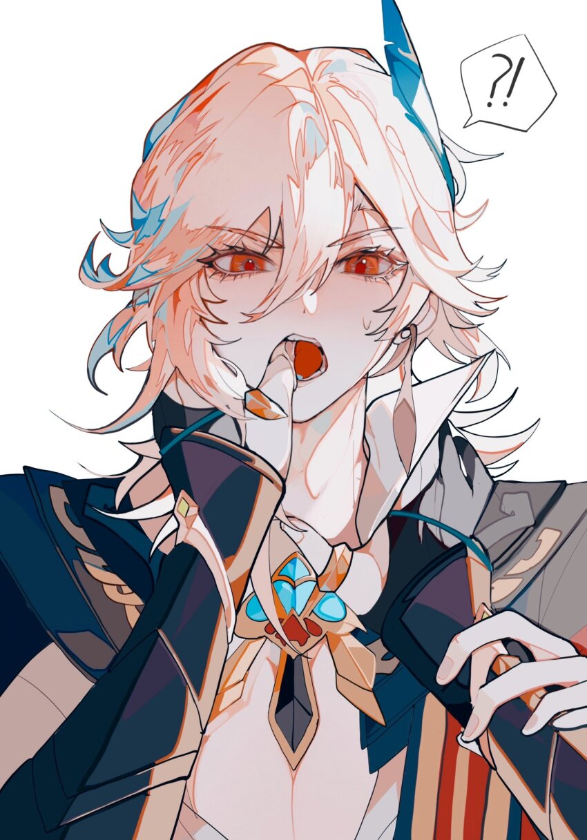 !?, 2boys, alhaitham_(genshin_impact), black_sleeves, blonde_hair, blue_feathers, brown_hair, earrings, feather_hair_ornament, feathers, finger_in_another's_mouth, ftappp, genshin_impact, hair_ornament, highres, jewelry, kaveh_(genshin_impact), long_hair, multiple_boys, open_mouth, red_eyes, ring, shirt, speech_bubble, teeth, white_shirt, yaoi