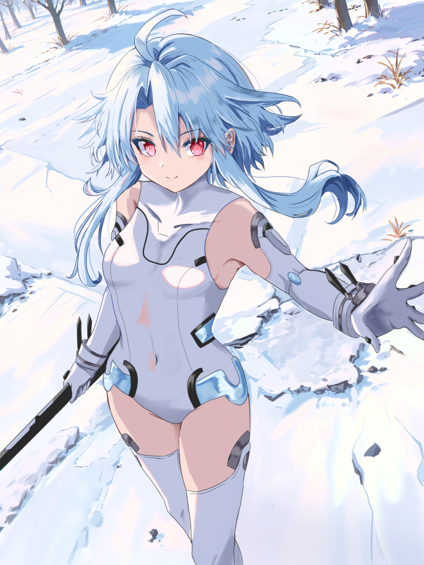 1girl, ahoge, bare_shoulders, blanc_(neptunia), blue_hair, boots, breasts, covered_navel, detached_wings, elbow_gloves, gloves, hair_between_eyes, happy, heattech_leotard, highres, leotard, light_blue_hair, long_hair, looking_at_viewer, neptune_(series), outdoors, power_symbol, power_symbol-shaped_pupils, red_eyes, short_hair_with_long_locks, sidelocks, skin_tight, small_breasts, smile, snow, solo, symbol-shaped_pupils, thigh_boots, thighhighs, tobi_(mylifekei), turtleneck, white_boots, white_gloves, white_heart_(neptunia), white_leotard, wings