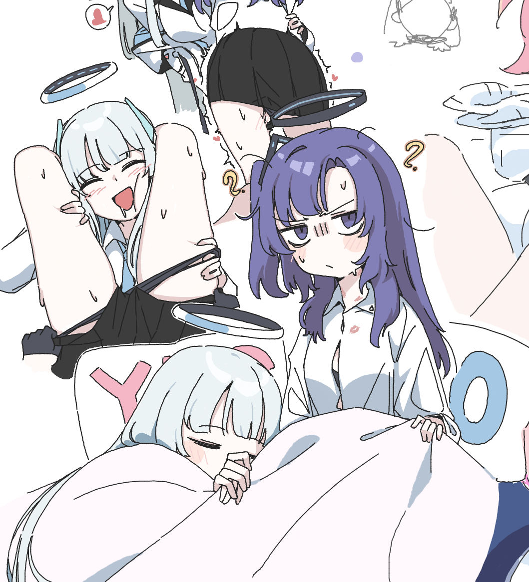 2girls, ?, abae, between_legs, black_gloves, black_halo, black_panties, black_skirt