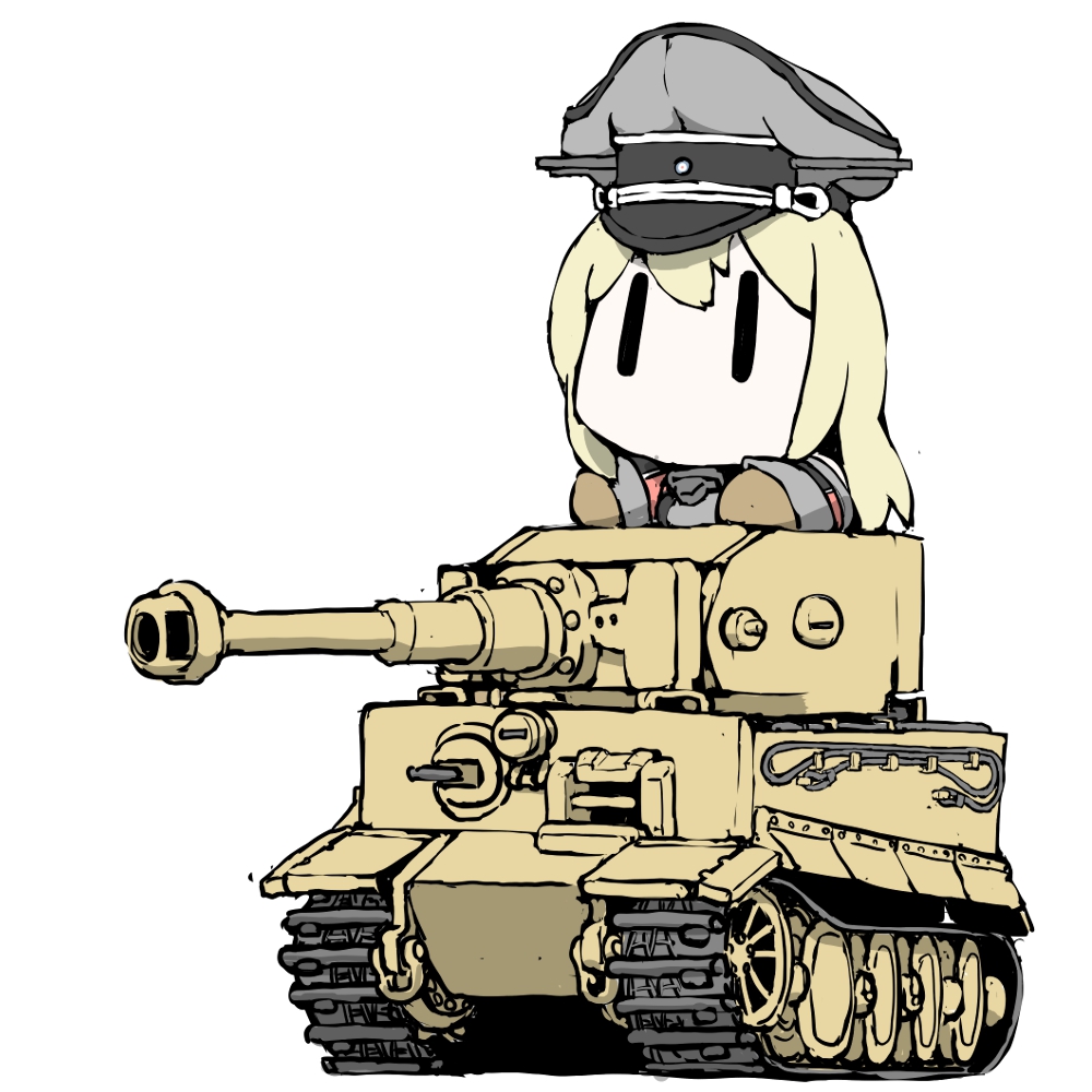 1girl, bismarck_(kancolle), blonde_hair, caterpillar_tracks, chibi, hat, kantai_collection, long_hair, military, military_vehicle, motor_vehicle, peaked_cap, solid_eyes, tank, tank_turret, task_(s_task80), tiger_i