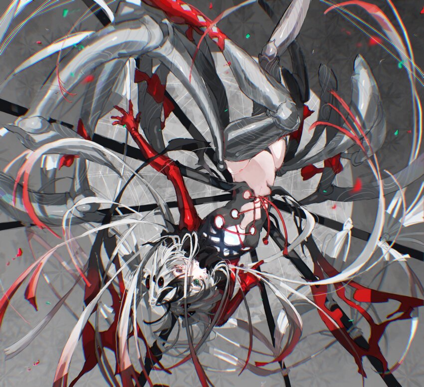 1girl, arthropod_girl, doll_joints, fate/grand_order, fate_(series), green_eyes, grey_background, grey_hair