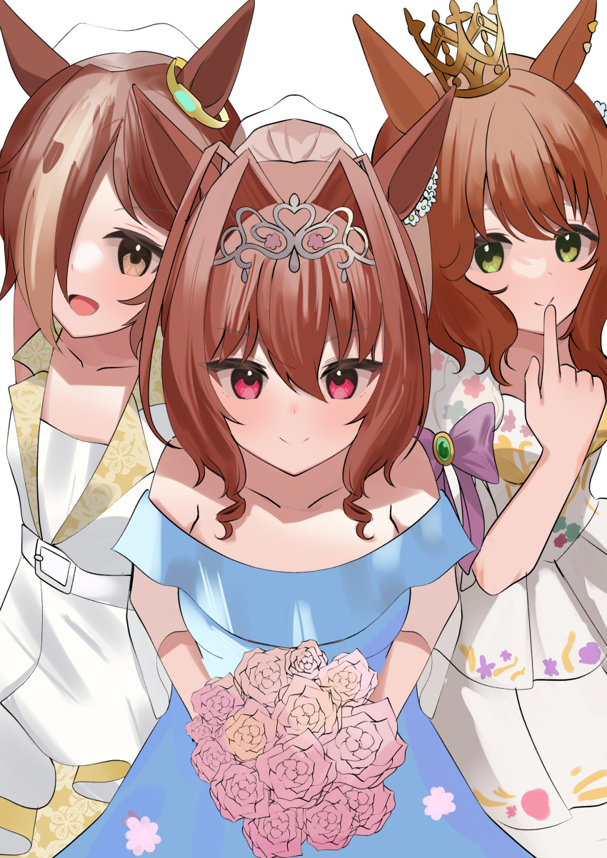 3girls, absurdres, aston_machan_(haute_couture_memory)_(umamusume), aston_machan_(umamusume), bare_shoulders, bouquet, bow, brown_hair