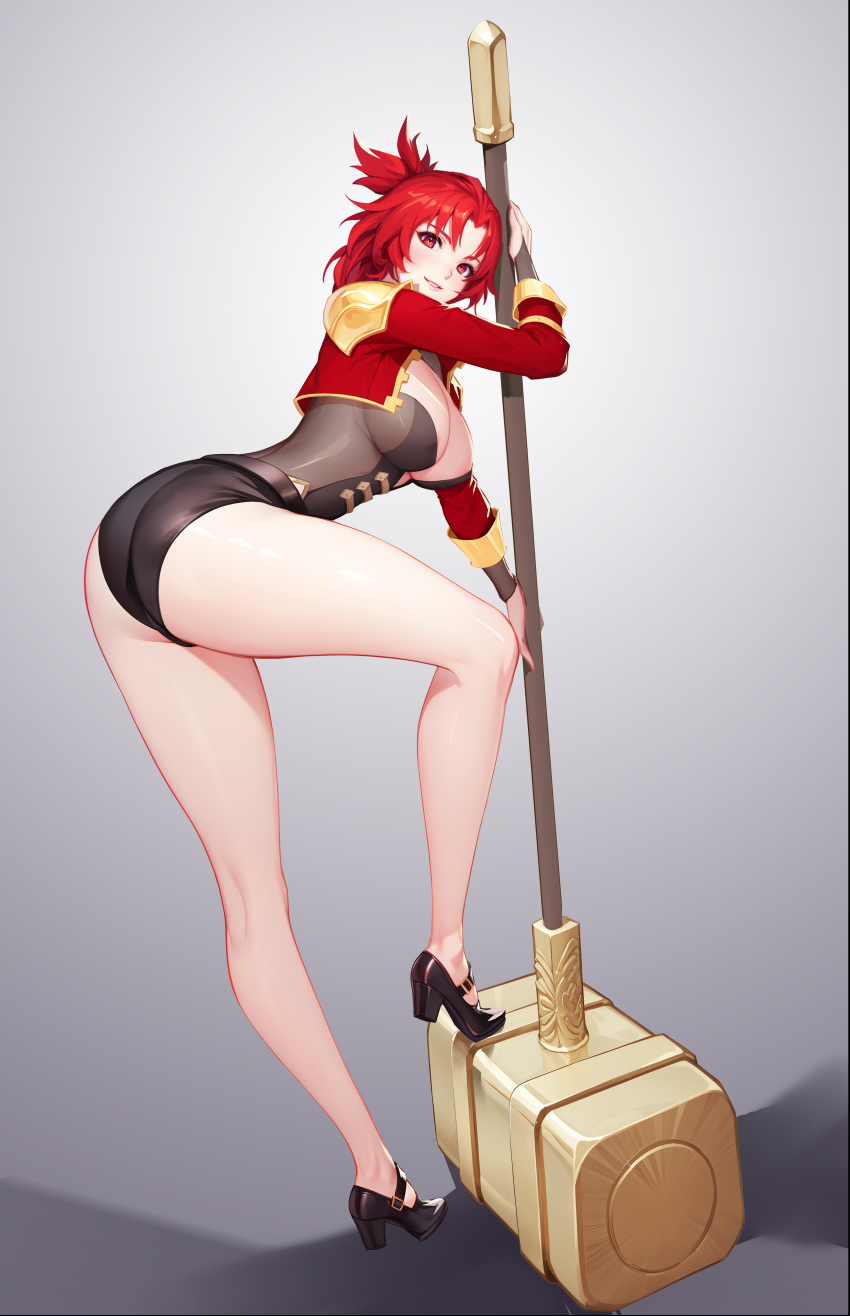 1girl, absurdres, adapted_costume, alternate_eye_color, ass, black_footwear, black_leotard, black_shorts, bow, breasts, cleavage, cleavage_cutout, clothing_cutout, dark_night_(darkotl), full_body, hammer, high_heels, highleg, highleg_shorts, highres, holding, holding_hammer, holding_weapon, honkai_(series), honkai_impact_3rd, jacket, large_breasts, leotard, leotard_under_clothes, lips, long_sleeves, looking_at_viewer, murata_himeko, murata_himeko_(valkyrie_triumph), red_bow, red_eyes, red_hair, red_jacket, shadow, shorts, smile, solo, standing, weapon