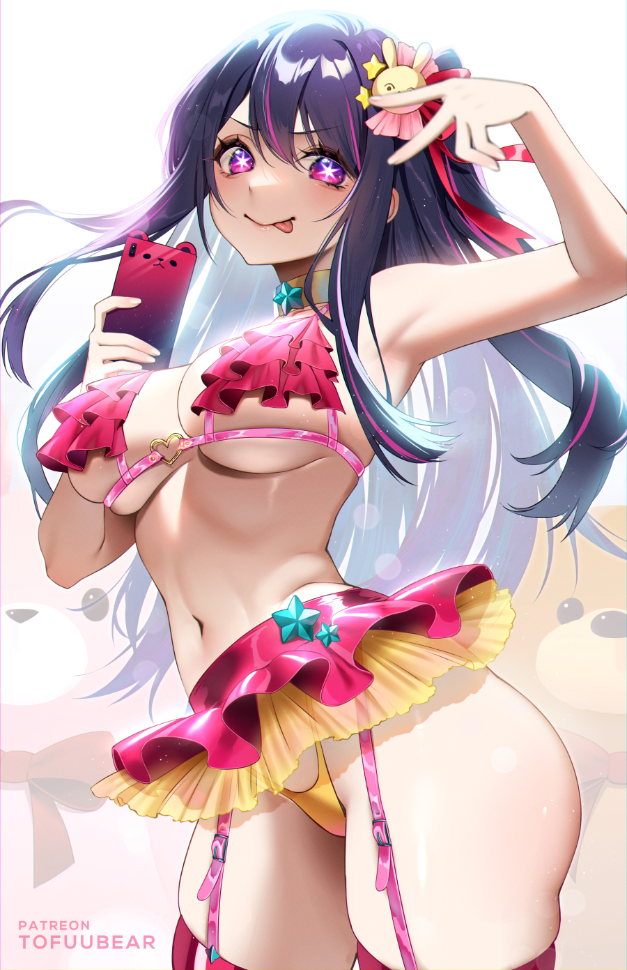 1girl, :p, armpits, bikini, blush, breasts, closed_mouth, collar, cupless_bikini, frilled_bikini, frills, garter_straps, hair_ornament, highleg, highleg_bikini, highres, holding, holding_phone, hoshino_ai, large_breasts, long_hair, looking_at_viewer, microskirt, miniskirt, multicolored_hair, navel, oshi_no_ko, patreon_username, phone, pink_skirt, pink_thighhighs, purple_eyes, purple_hair, rabbit_hair_ornament, sidelocks, skindentation, skirt, solo, star-shaped_pupils, star_(symbol), star_hair_ornament, streaked_hair, stuffed_animal, stuffed_toy, swimsuit, symbol-shaped_pupils, takahashi_rie, takahashi_rie_(voice_actor), teddy_bear, thighhighs, thighs, tofuubear, tongue, tongue_out, underboob, v, voice_actor_connection, watermark, yellow_bikini