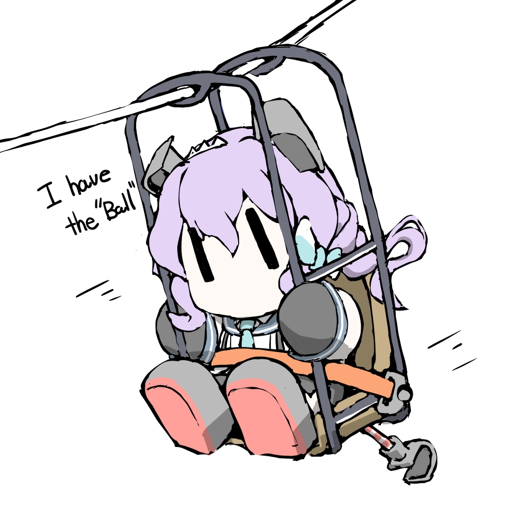 1girl, aqua_necktie, aqua_ribbon, black_gloves, blue_necktie, cable, chairlift, english_text, gloves, hair_ribbon, kantai_collection, langley_(kancolle), medium_hair, necktie, purple_hair, ribbon, school_uniform, seatbelt, serafuku, solid_eyes, solo, task_(s_task80), |_|