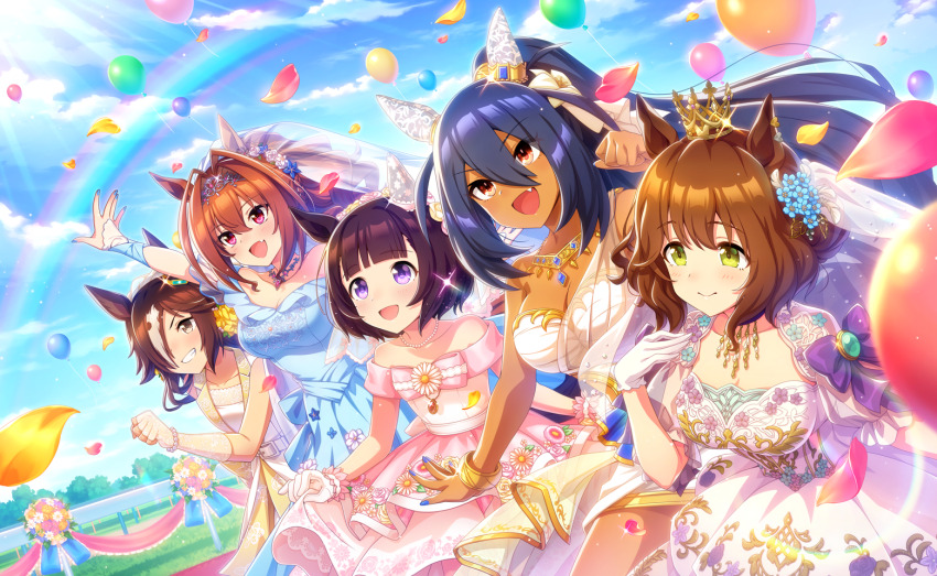 5girls, animal_ears, aston_machan_(haute_couture_memory)_(umamusume), aston_machan_(umamusume), balloon, breasts, brown_hair, cleavage, collarbone, crown, daiwa_scarlet_(something_blue)_(umamusume), daiwa_scarlet_(umamusume), dark-skinned_female, dark_skin, dress, hair_between_eyes, hair_ornament, hishi_amazon_(hungry_veil)_(umamusume), hishi_amazon_(umamusume), horse_ears, horse_girl, horse_tail, large_breasts, long_hair, medium_hair, multiple_girls, nishino_flower_(sweet_juneberry)_(umamusume), nishino_flower_(umamusume), official_alternate_costume, official_art, petals, rainbow, ribbon, sky, tail, tiara, umamusume, vodka_(heart_ignition!!)_(umamusume), vodka_(umamusume), wedding_dress