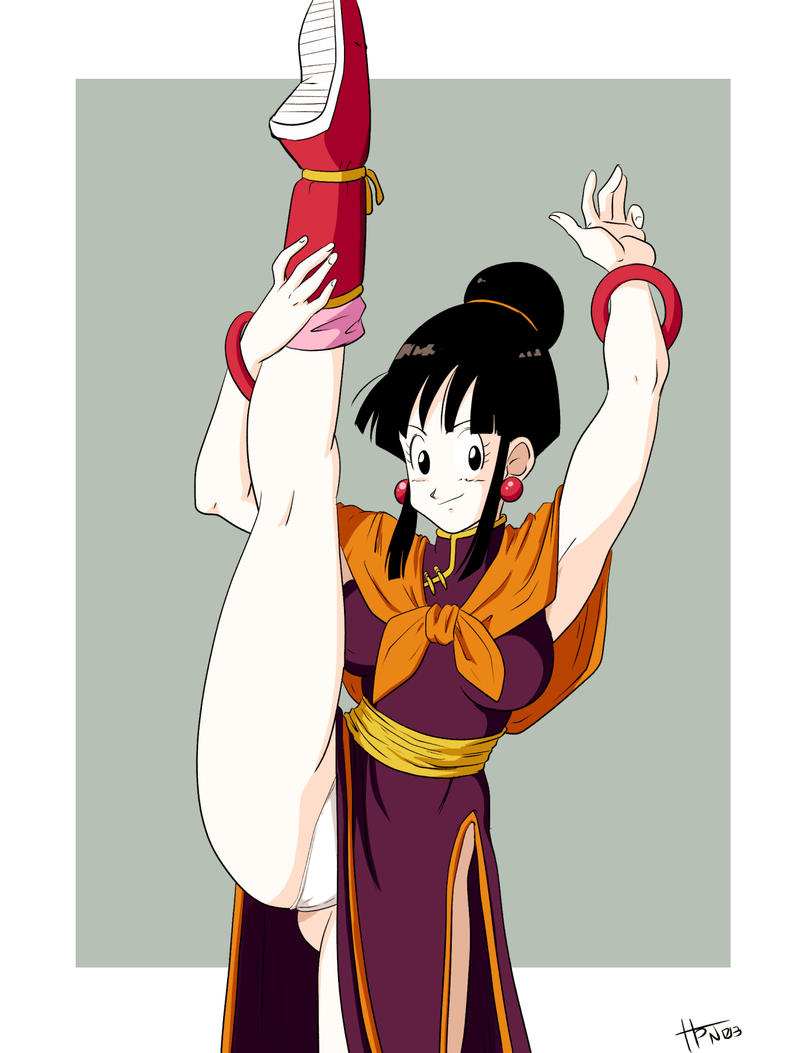 1girl, black_eyes, black_hair, chi-chi_(dragon_ball), chinese_clothes, dragon_ball, fighting_stance, hpn03, kicking, leg_up, looking_at_viewer, martial_arts, outside_border, simple_background, smile, smirk, solo, tagme