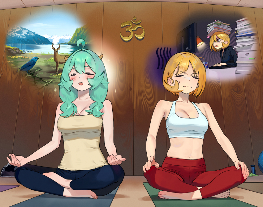 2girls, :d, aqua_hair, asymmetrical_hair, ball, barefoot, bird, black_pants