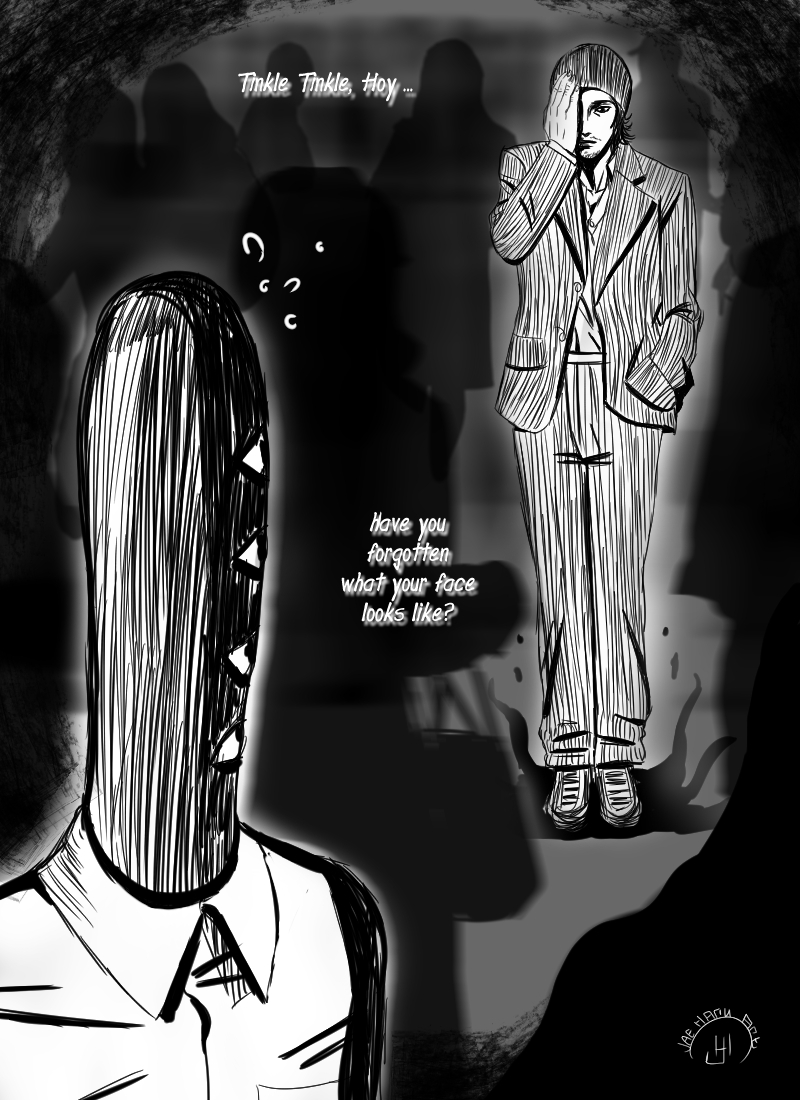 2boys, artist_name, black_hair, closed_mouth, commentary, covering_one_eye, crossover, english_commentary, english_text, extra_eyes, facial_hair, formal_clothes, full_body, hand_in_pocket, hat, homunculus_(series), jacket, jaeharuart, looking_at_another, male_focus, monochrome, multiple_boys, nakoshi_susumu, onodera_punpun, oyasumi_punpun, shirt, short_hair, signature, solid_oval_eyes