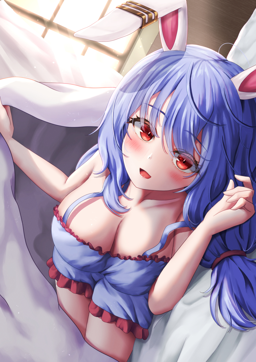 1girl, :d, animal_ears, blanket, blue_dress, blue_hair, blush, breasts