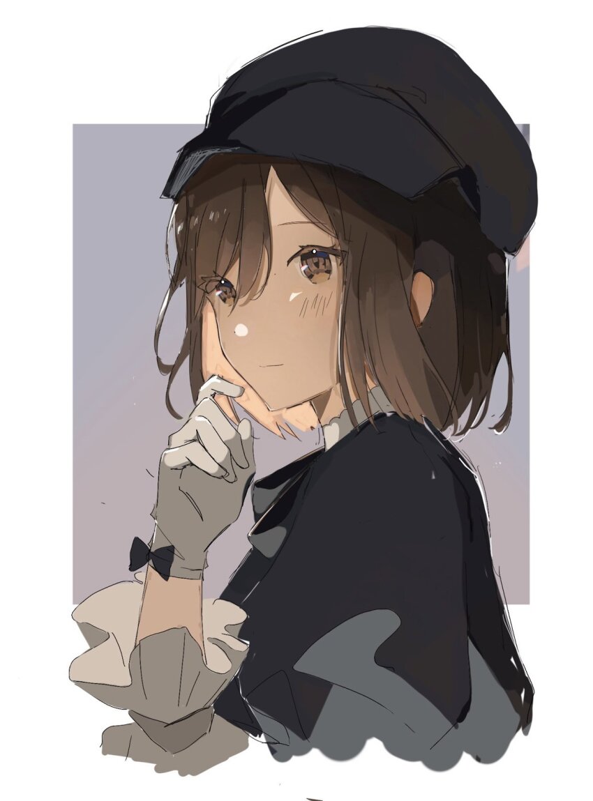 1girl, black_bow, black_headwear, blush, border, bow, brown_eyes, brown_hair