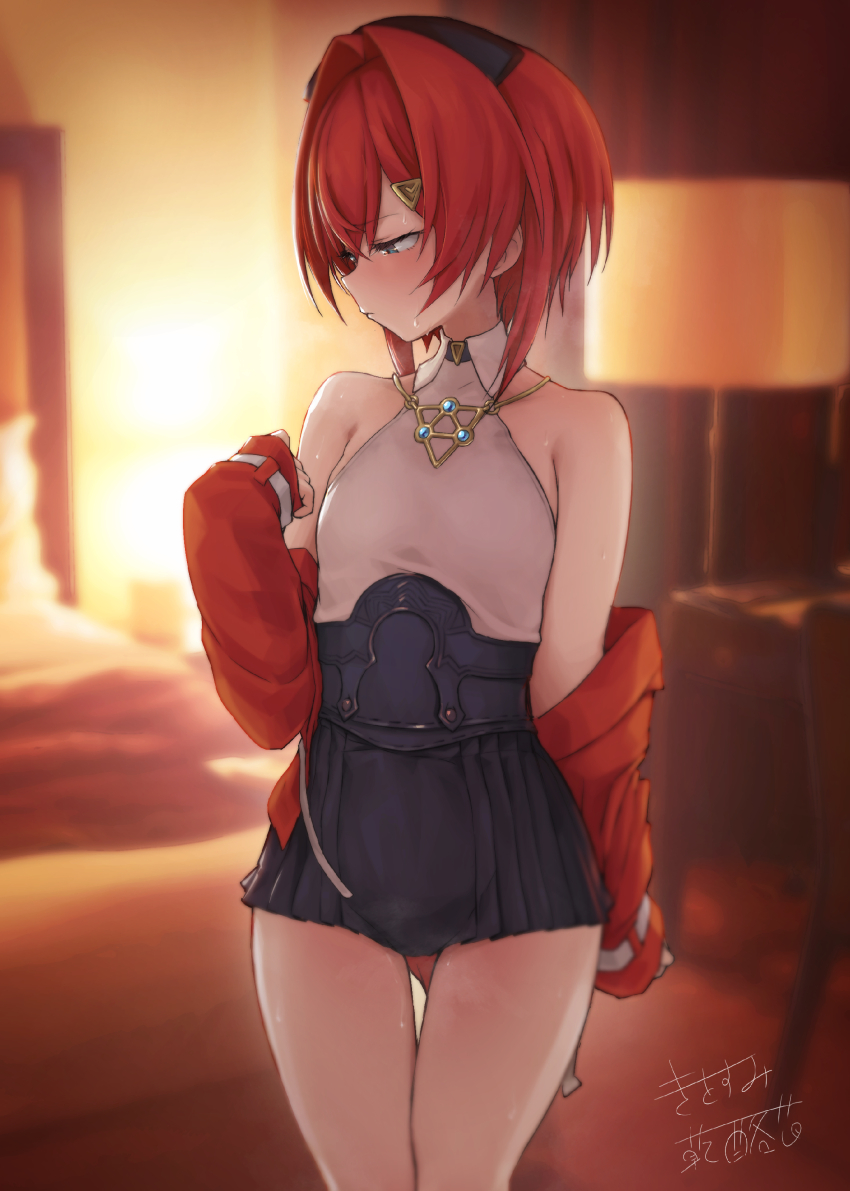 1girl, absurdres, ange_katrina, ange_katrina_(summer_casual), bare_shoulders, bed, bedroom, black_skirt