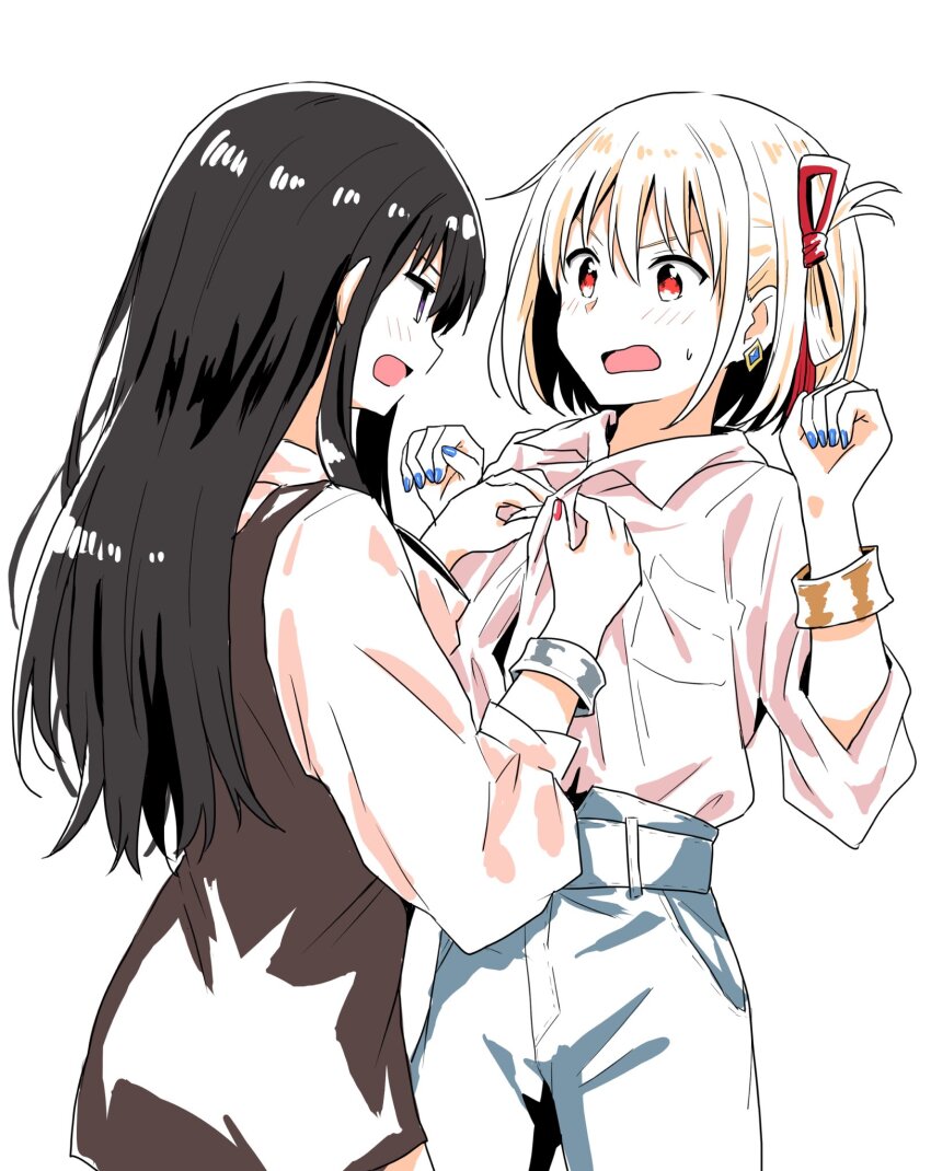 2girls, black_hair, blonde_hair, blue_nails, blush, denim, highres, inoue_takina, isumi, jeans, long_hair, looking_at_another, lycoris_recoil, multiple_girls, nishikigi_chisato, pants, purple_eyes, red_eyes, surprised, sweatdrop, yuri